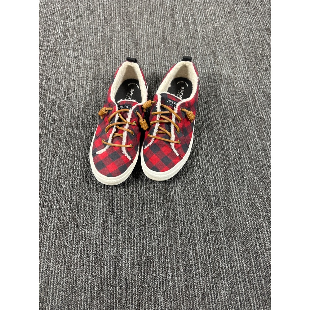 Sperry Women Crest Vibe Buffalo Plaid Red Black Faux Fur Lined Sneakers STS85893